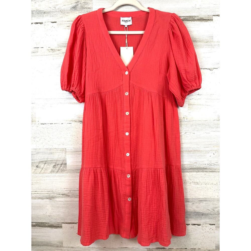 FRNCH XS Coral Cindy Mini Dress Coastal Casual Button Front NWT